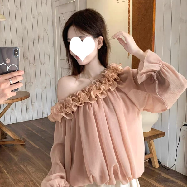 一字肩木耳边长袖雪纺衬衫女秋季法式宽松粉色衬衣设计感温柔上衣