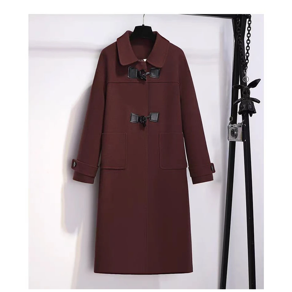 牛角扣呢子大衣女秋冬新款内里夹绒中长款毛呢外套25026#