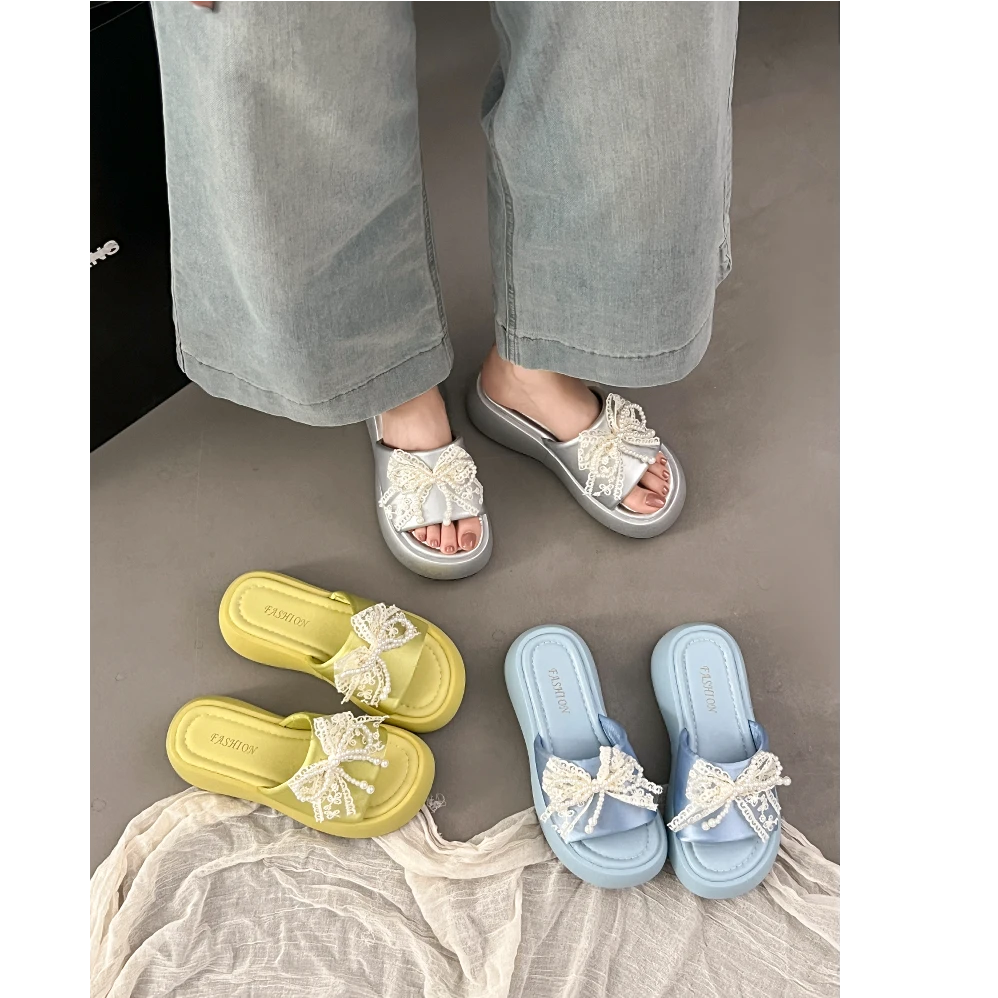 厚底蝴蝶结一字拖女2025夏季新款外穿时尚百搭增高露趾沙滩凉拖潮