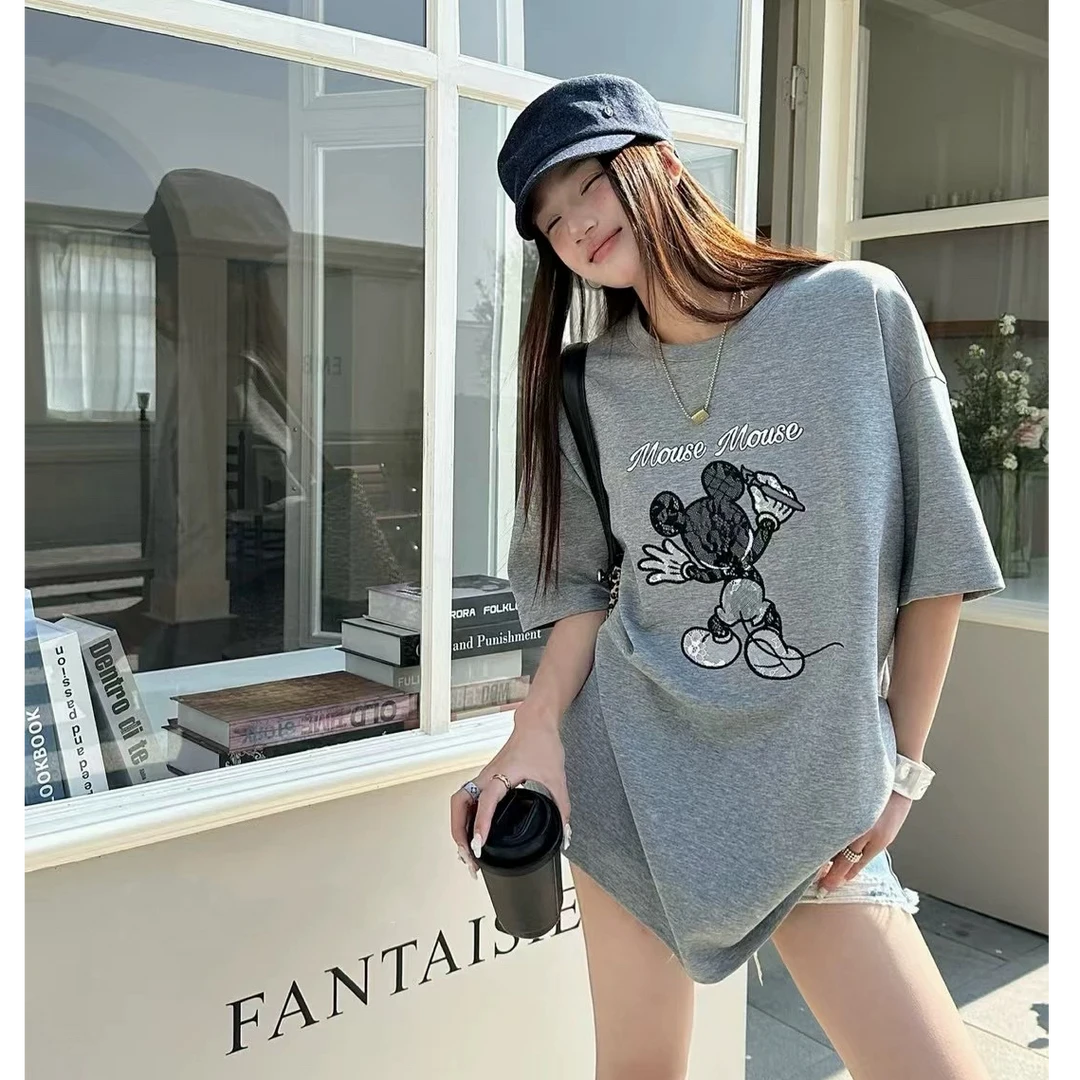 【春季新款】米奇卡通刺绣圆领半袖T恤宽松型设计感百搭短袖 2173