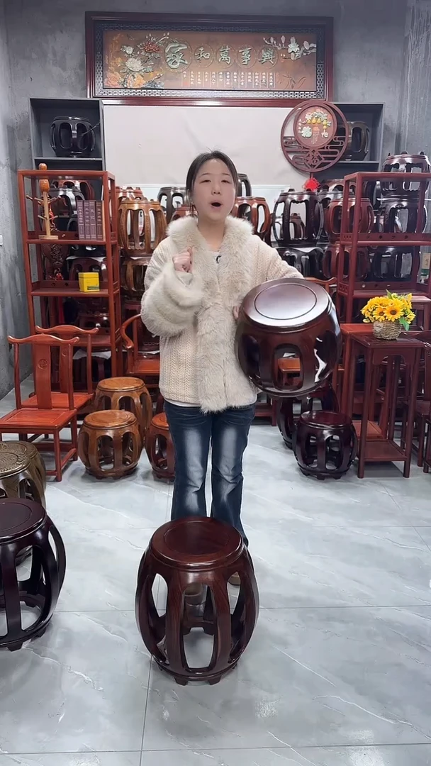 花梨木类家具胡桃色小号鼓凳一对（两条）