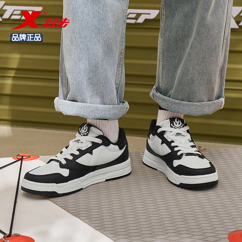 特步夏季休闲鞋子驭桀板鞋透气鞋黑白熊猫鞋运动鞋厚底板鞋男女款