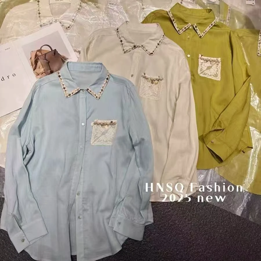 欧洲站2025早春新款翻领钉珠衬衫2061