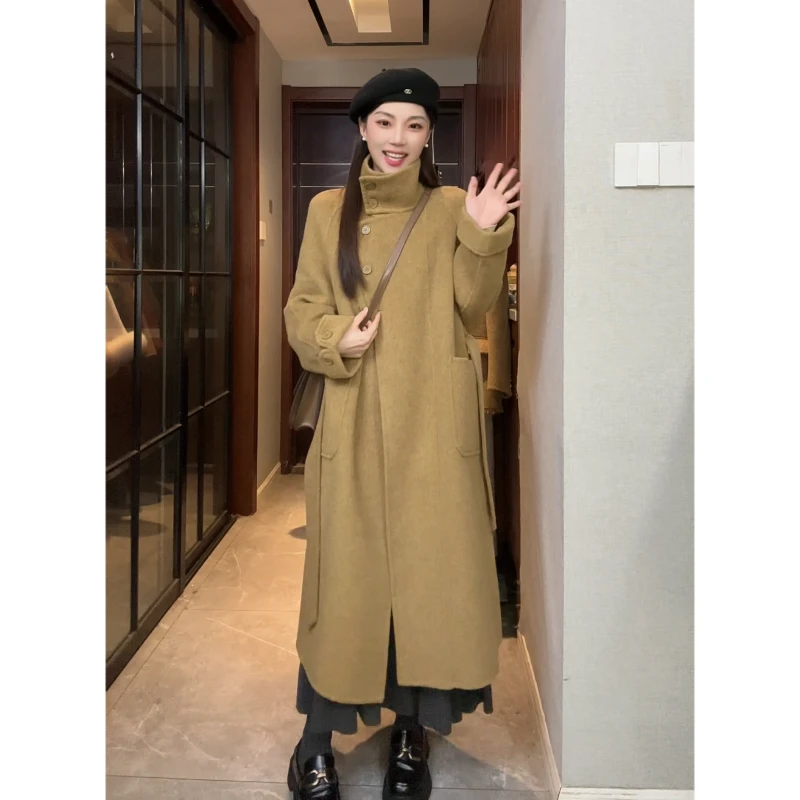 「汪周粥」 不规则饼干扣 设计感腰带立领加厚双面绵羊毛大衣