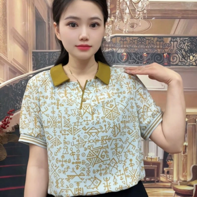 25新款时尚洋气休闲百搭翻领夏季短袖年轻妈妈装薄款减龄短袖上衣