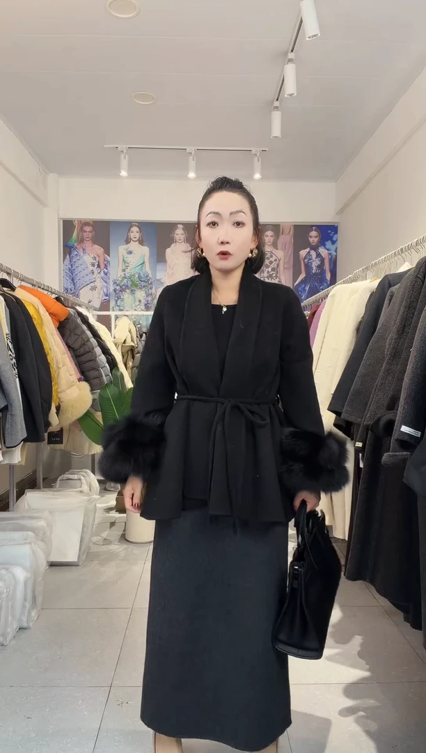 狐狸毛极简款羊毛大衣修身显瘦130斤以内