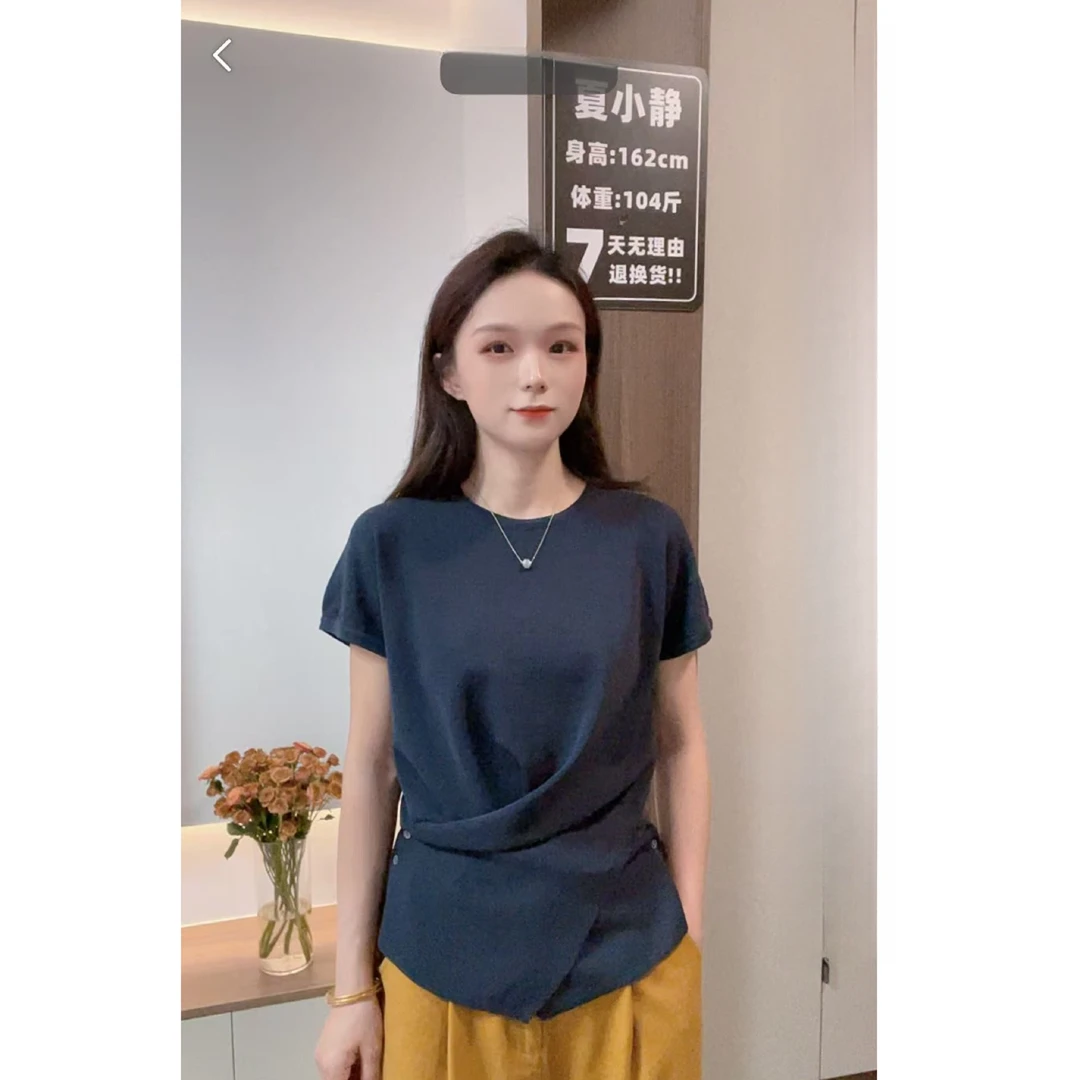 2025新款不规则圆领短袖针织衫时尚洋气设计感收腰短款上衣J1102