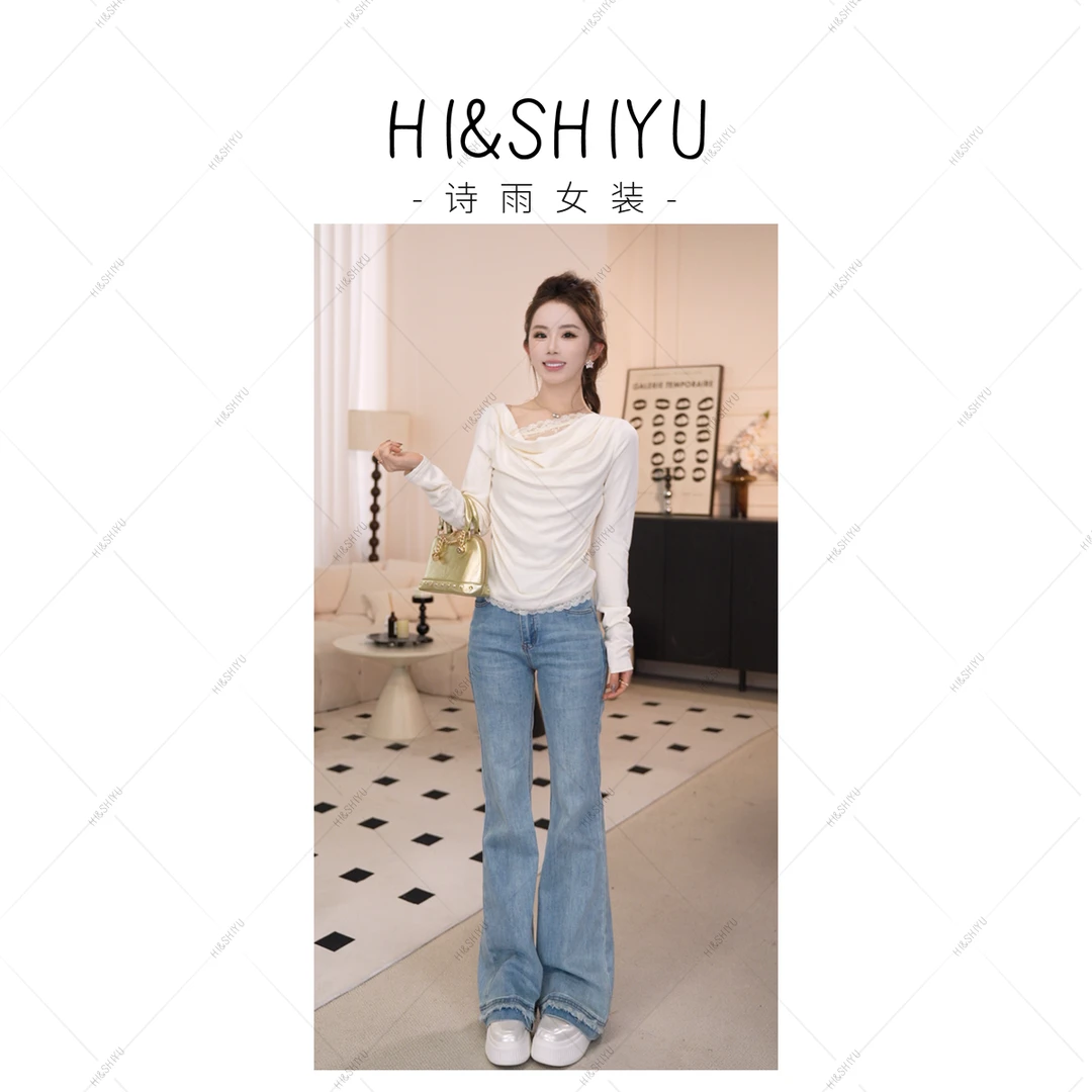 HISHIYU2025年春季新款牛仔喇叭裤女宽松弹力微喇设计款显瘦1615