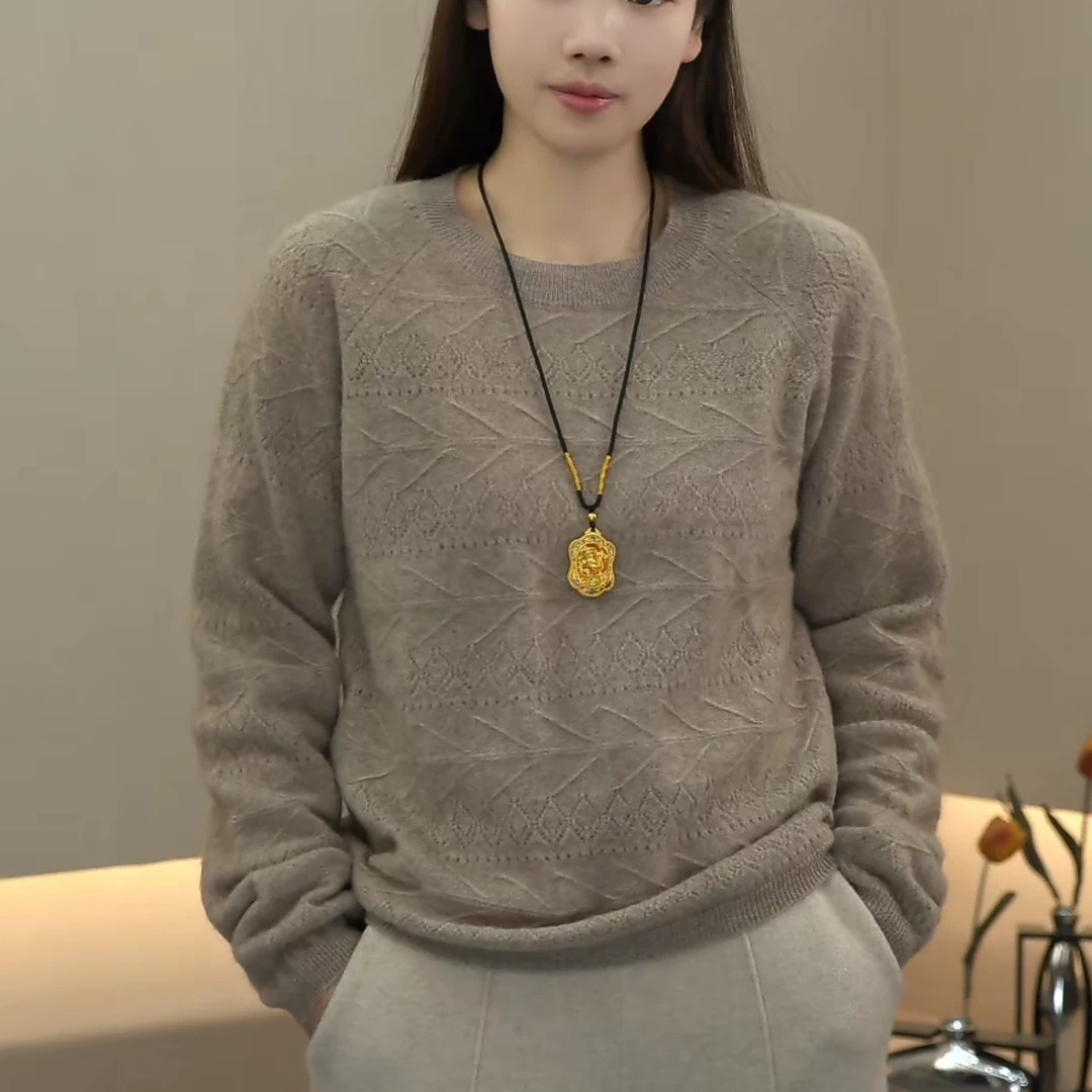 【100山羊绒】圆领长袖花纹上衣100羊绒衫X1212