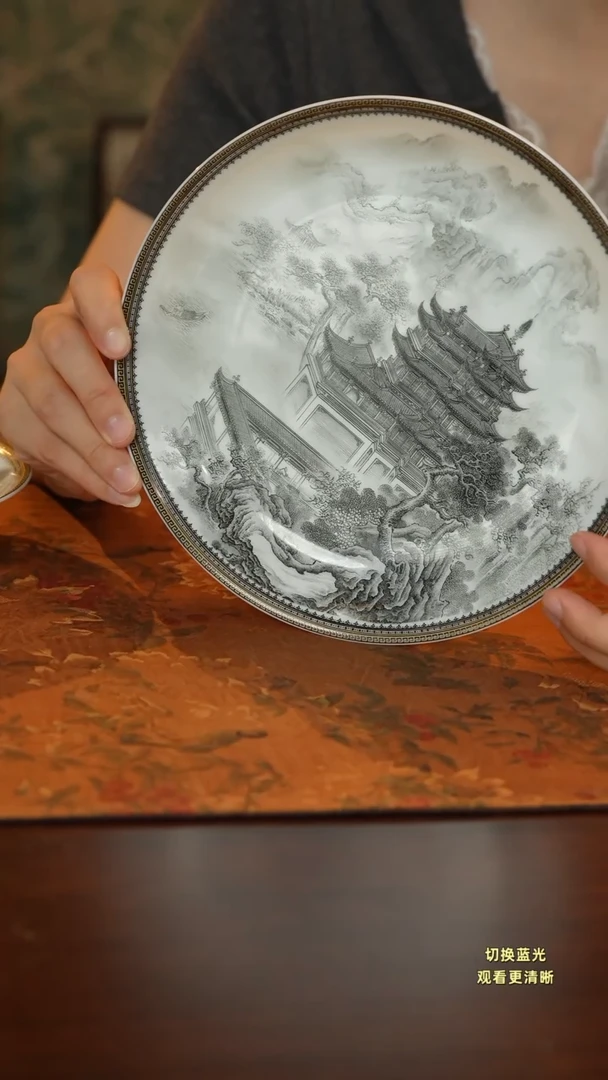 柴*手绘重工墨彩滕王阁壶承