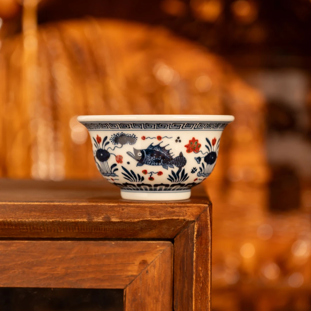 【明和堂】鱼藻回纹大压手杯纯手工釉下青花瓷景德镇陶瓷茶器主人杯