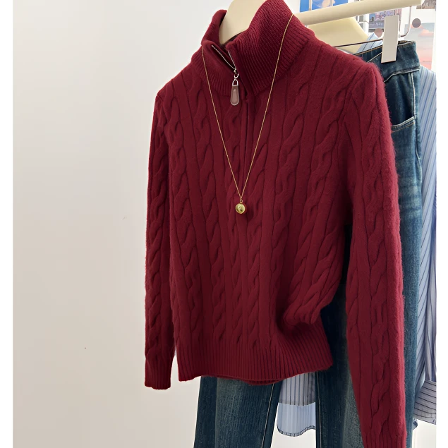 立领半拉链内搭打底针织衫上衣女装秋冬季高级感洋气过年红色毛衣