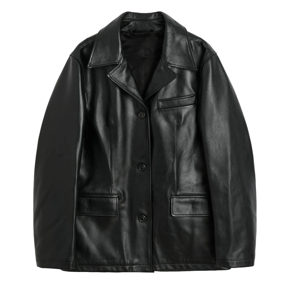 Vintage古着复古感休闲秋季气质长款时尚皮衣夹克外套秋冬509