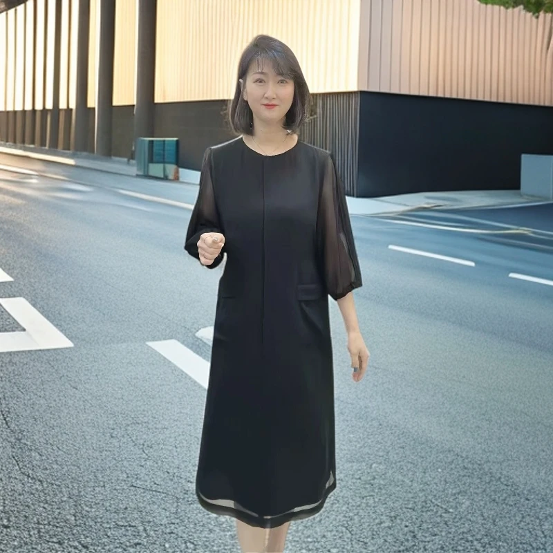 【韩国设计师衣吧】夏季新款高级显瘦洋气优雅黑色雪纺连衣裙