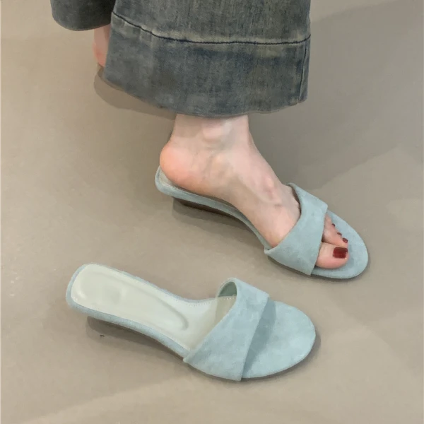 RS-689-1小众设计凉拖鞋夏法式复古简约绒面百搭露趾坡跟一字凉拖