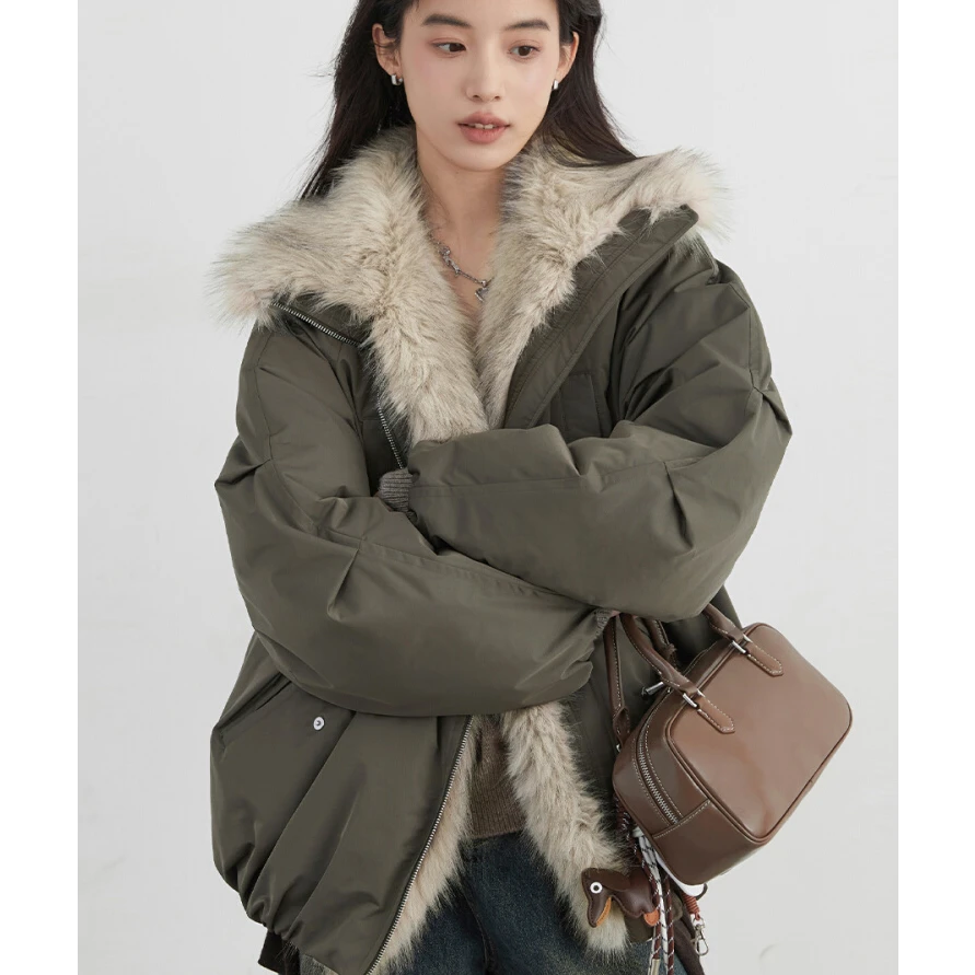 冬季新款环保皮草拼接毛领派克服巴恩风羽绒斯拉夫外套女