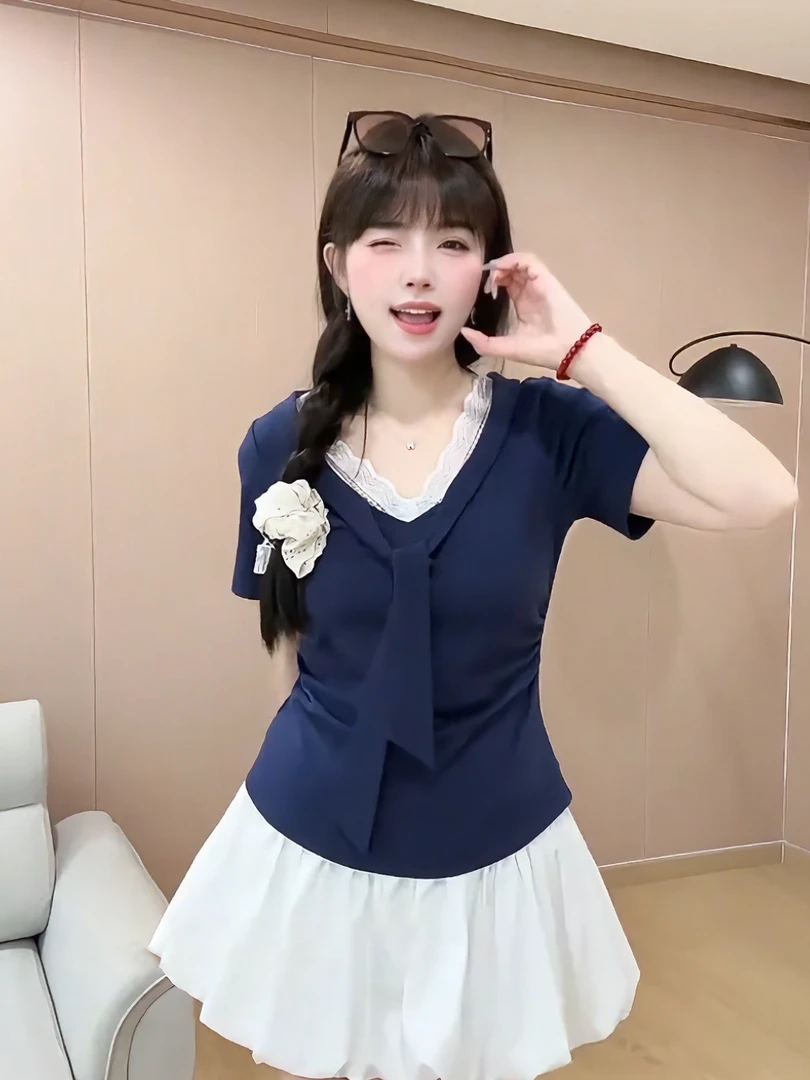 纯棉法式蕾丝拼接V领露锁骨性感辣妹短袖T恤女夏季新款假两件上衣