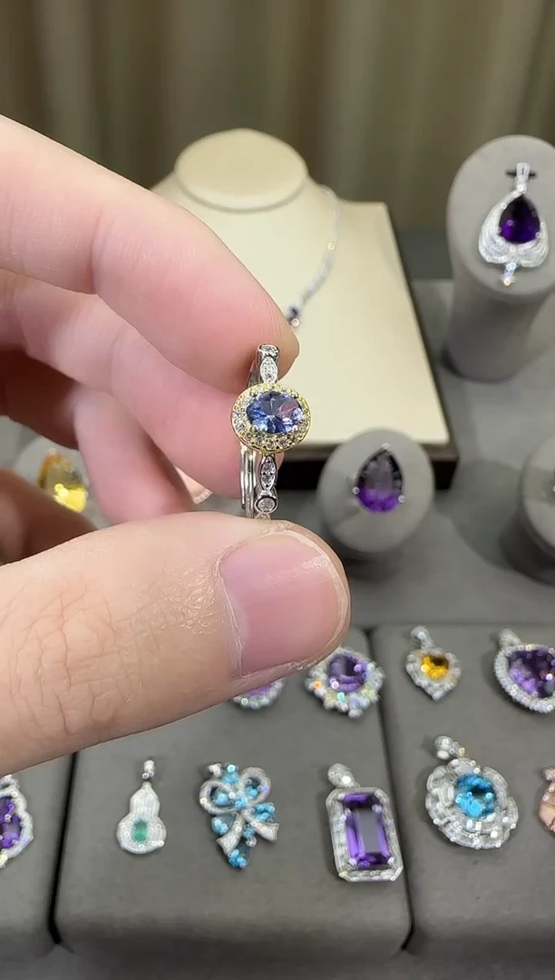 银S925镶嵌戒指坦桑石3*6mm戒指简约款