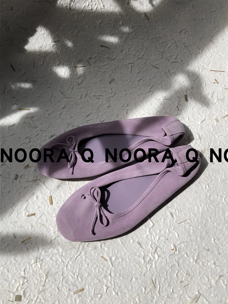 NOORAQIN手工芭蕾鞋超温柔香芋紫反绒皮法式蝴蝶结复古平底芭蕾鞋