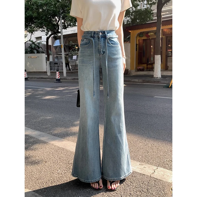 蓝色复古设计感抽绳高腰不贴腿微喇裤女春款新柔软舒适显瘦牛仔裤