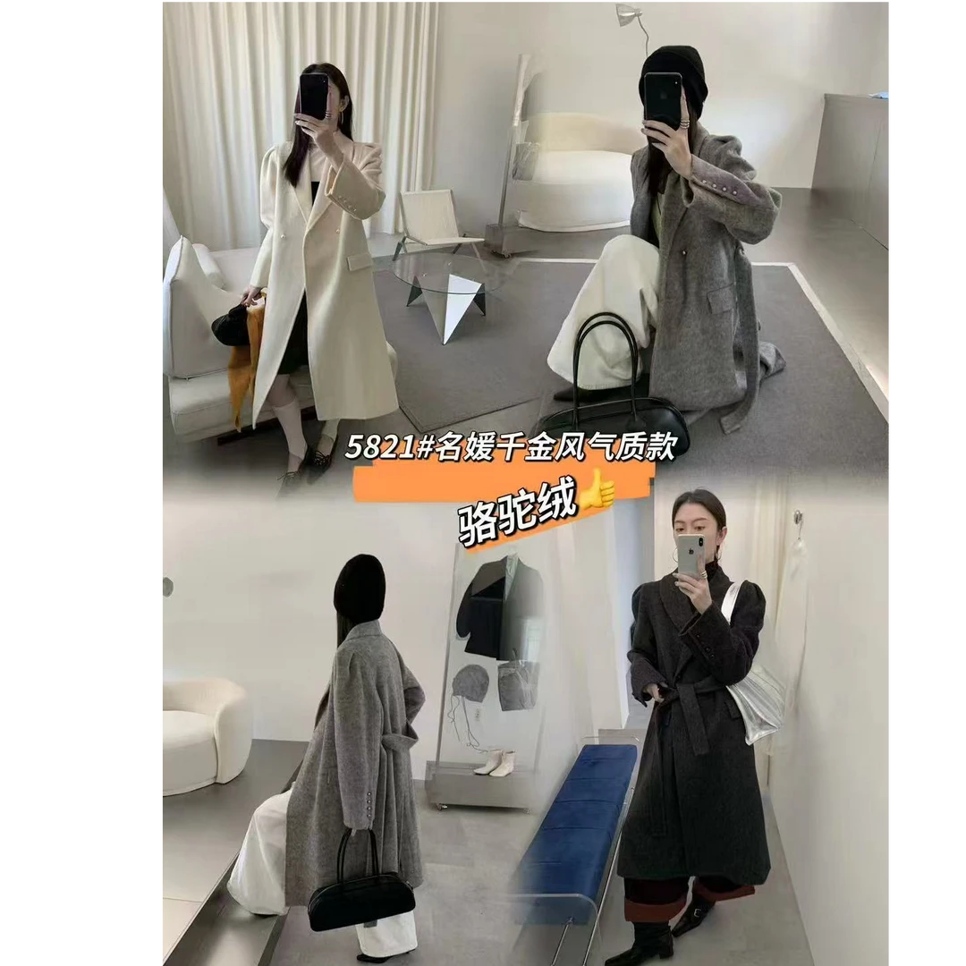 5821•泡泡袖 D95羊毛5骆驼绒东大门韩剧女主收腰绑带双面羊毛大衣