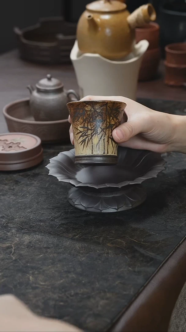 九隐茶器泥绘竹子柴烧主人杯
