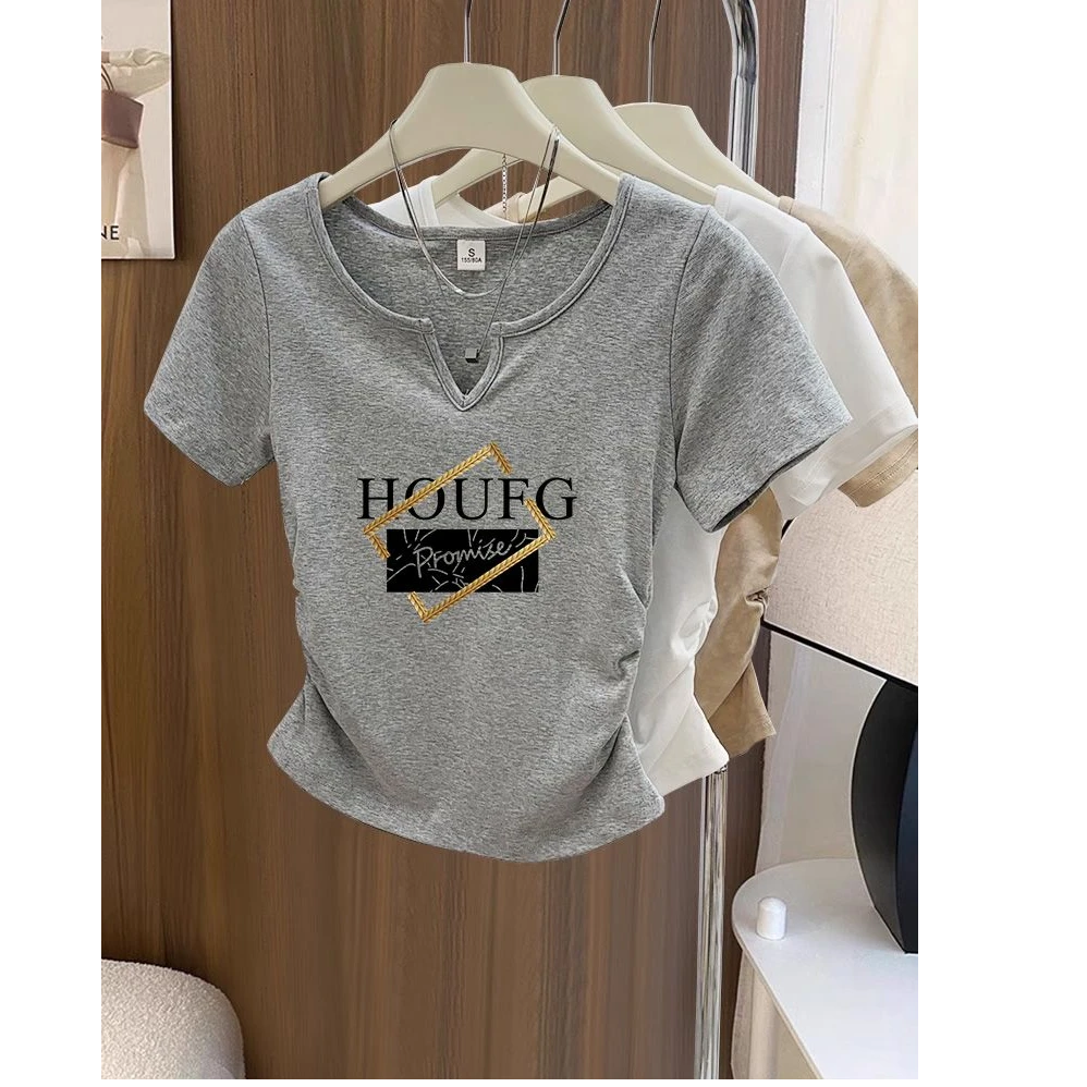 设计小众正肩短袖t恤女2025新款侧边褶皱收腰修身上衣白色夏季薄