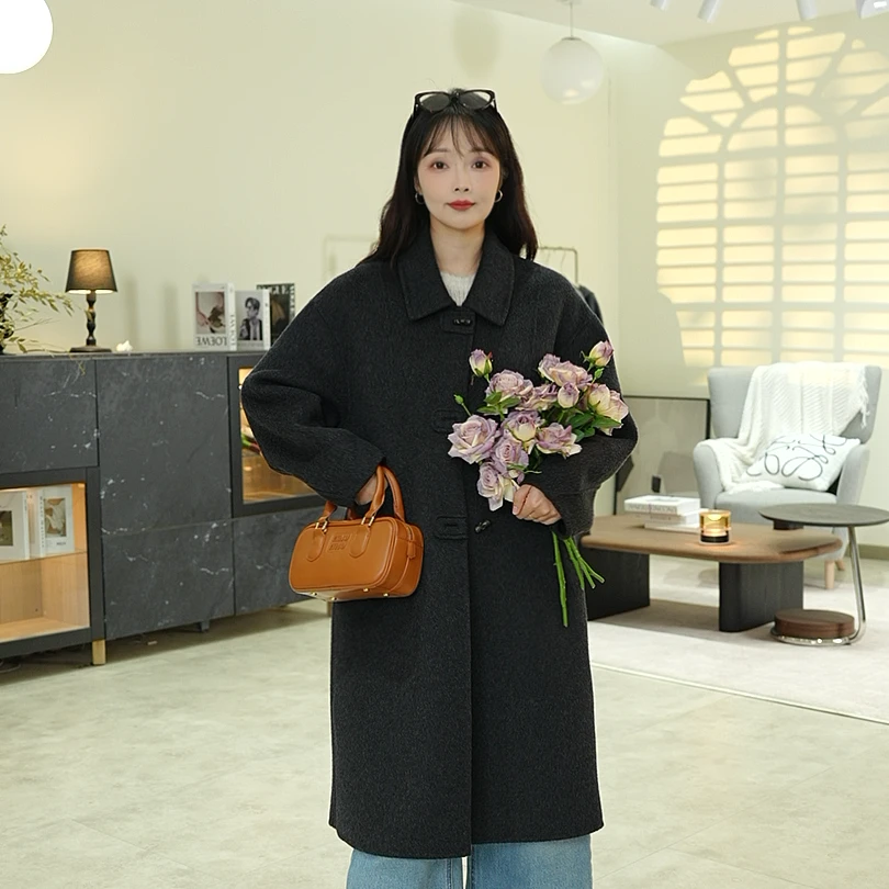 2025秋冬新款加厚牛角扣中长款韩系简约时尚双面羊毛女外套
