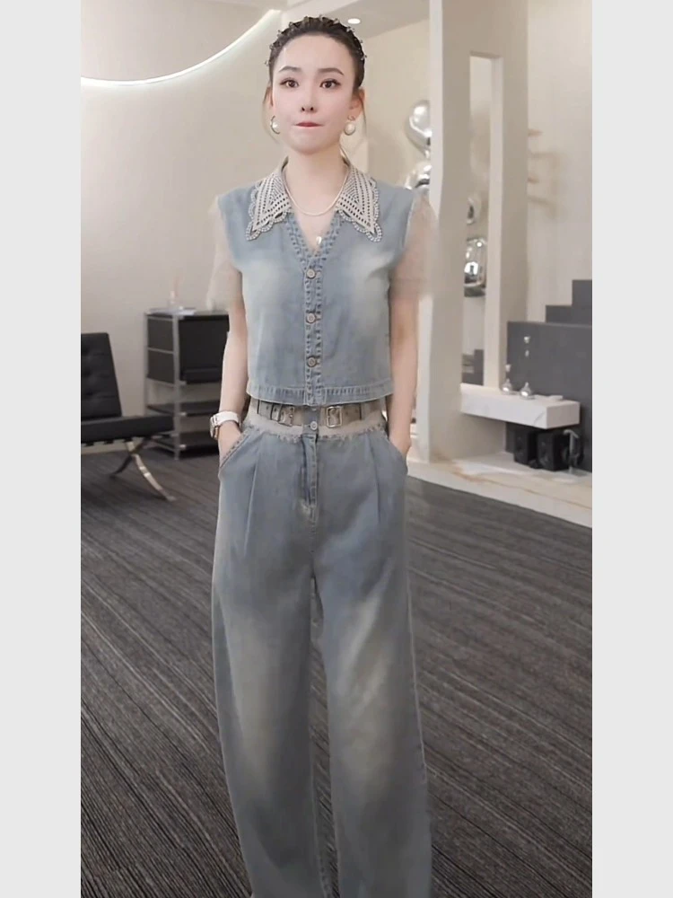 2025超火夏装蕾丝拼接牛仔短袖阔腿裤套装减龄大方得体穿搭两件套