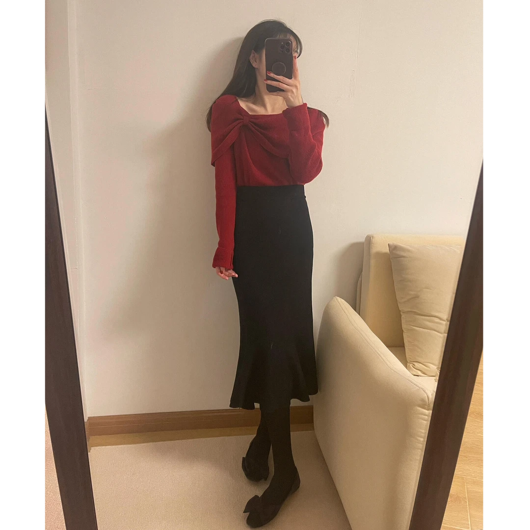 小心机红色露锁骨蝴蝶结内搭打底衫女秋冬冬季毛衣针织衫修身上衣