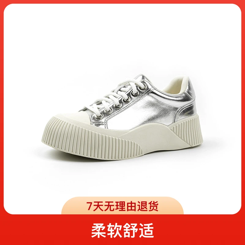 鞋子女款爆款2025新款隐形内增高银色饼干鞋增高休闲系带小白鞋