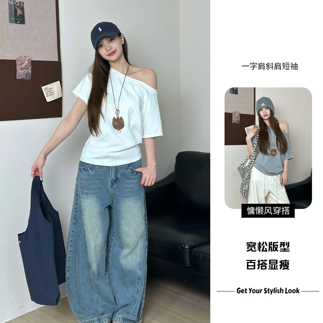 允儿家斜肩宽松一字肩短袖T恤慵懒风露肩显瘦百搭内搭春夏天款女