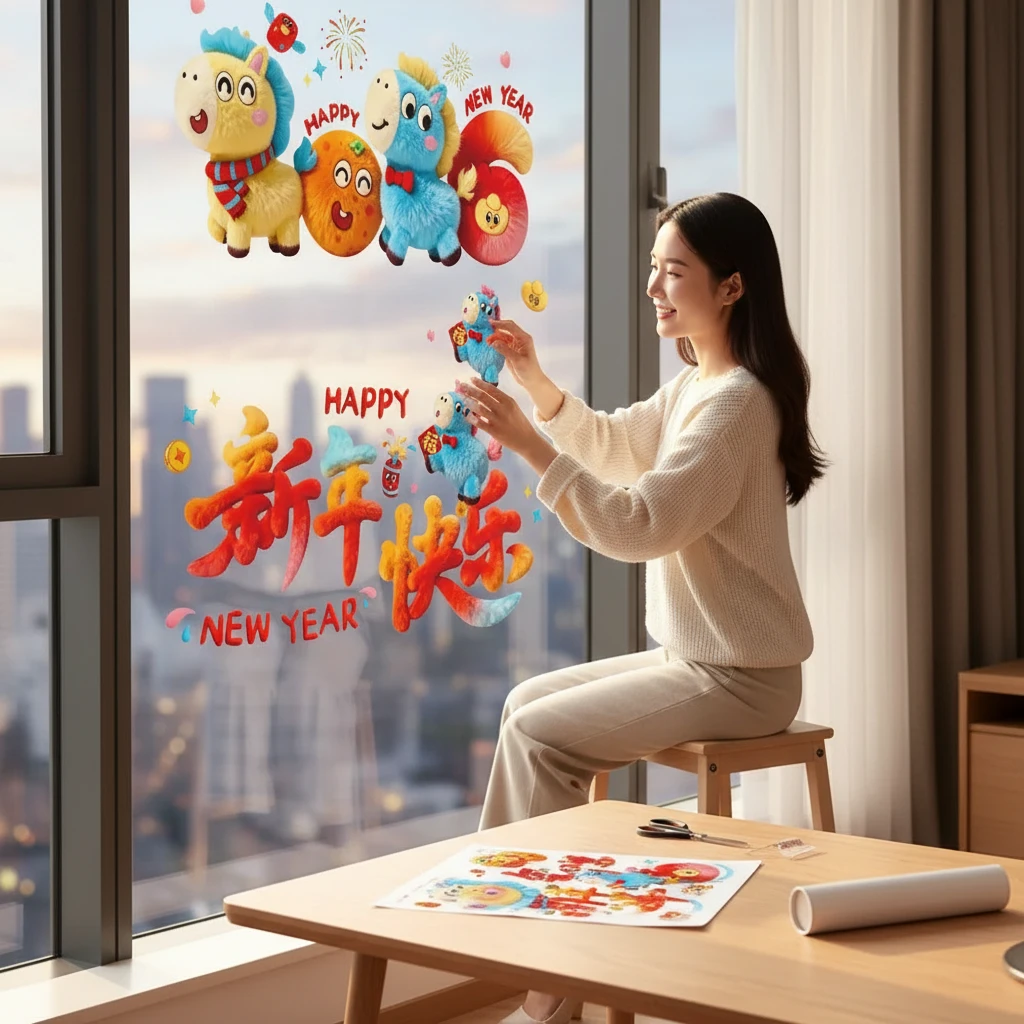 2026新年玻璃贴纸卡通毛绒可爱门窗贴马年大吉新款窗花静电贴