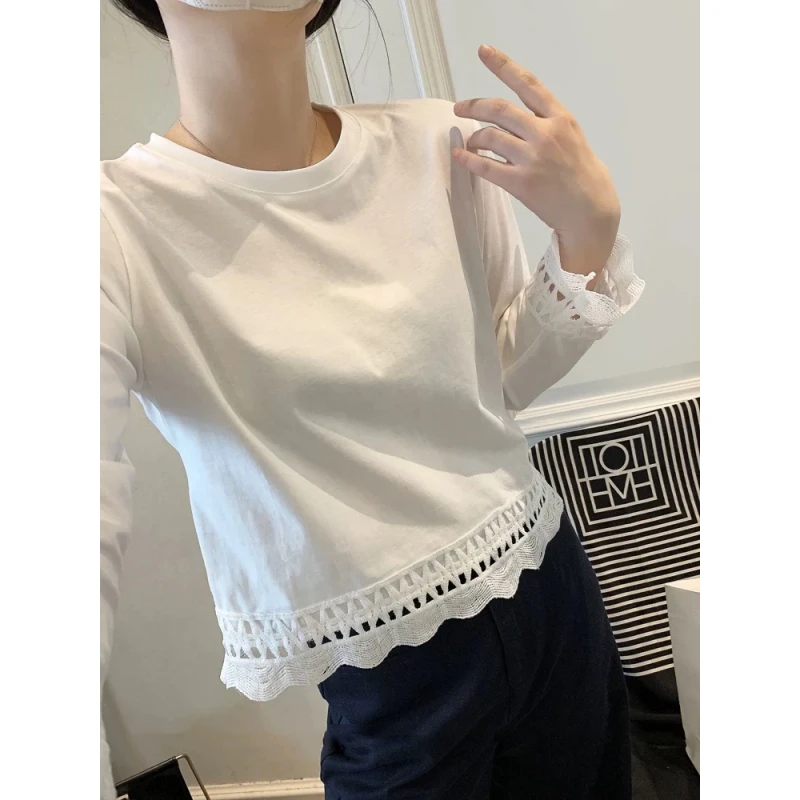 蕾丝肌理感慵懒风长袖新款简约圆领上衣LK2501825
