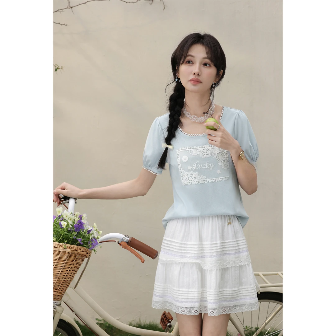 【品牌撤柜款】气质宽松圆领蓝色刺绣T恤女2025夏新款短袖L537103