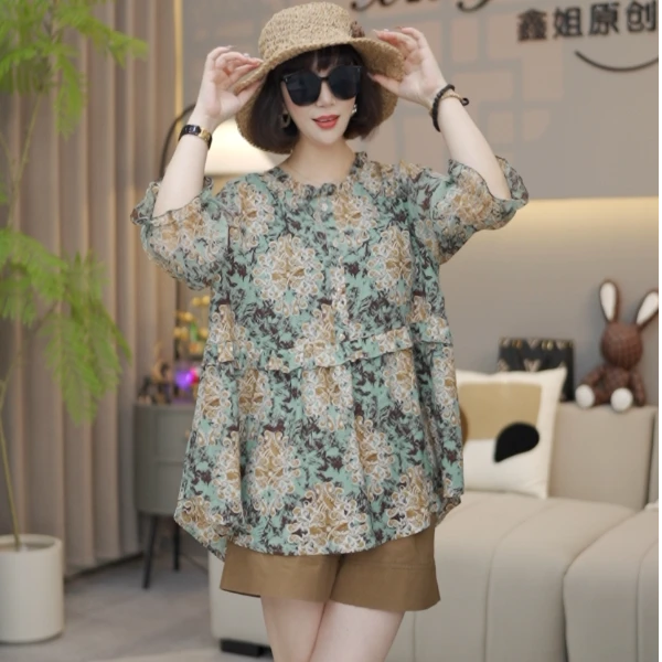 XX&【韩版休闲碎花上衣】XX2508#2025年薄款印花百搭气质上衣减龄女