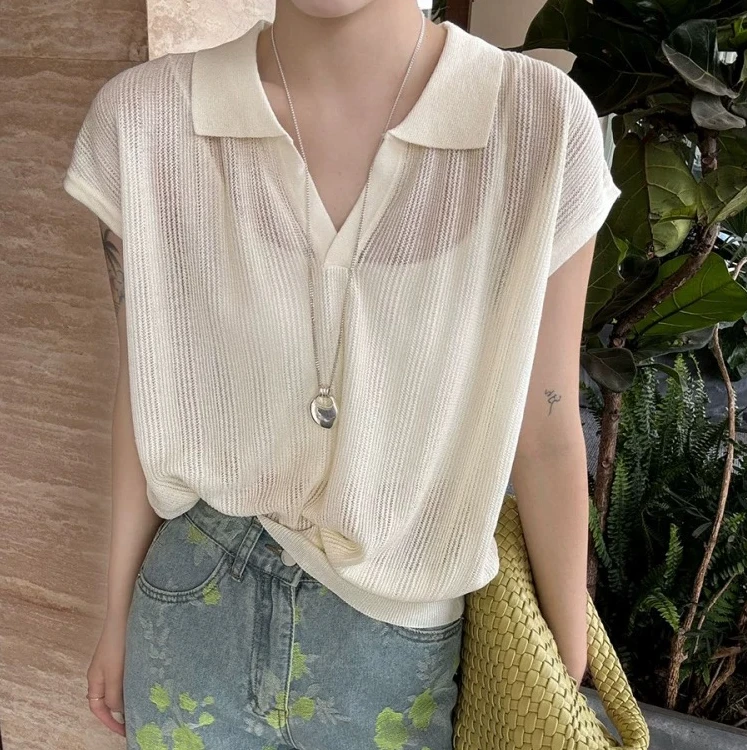 竹节麻夏款女V领显瘦镂空设计感小众针织衫短袖T恤2029