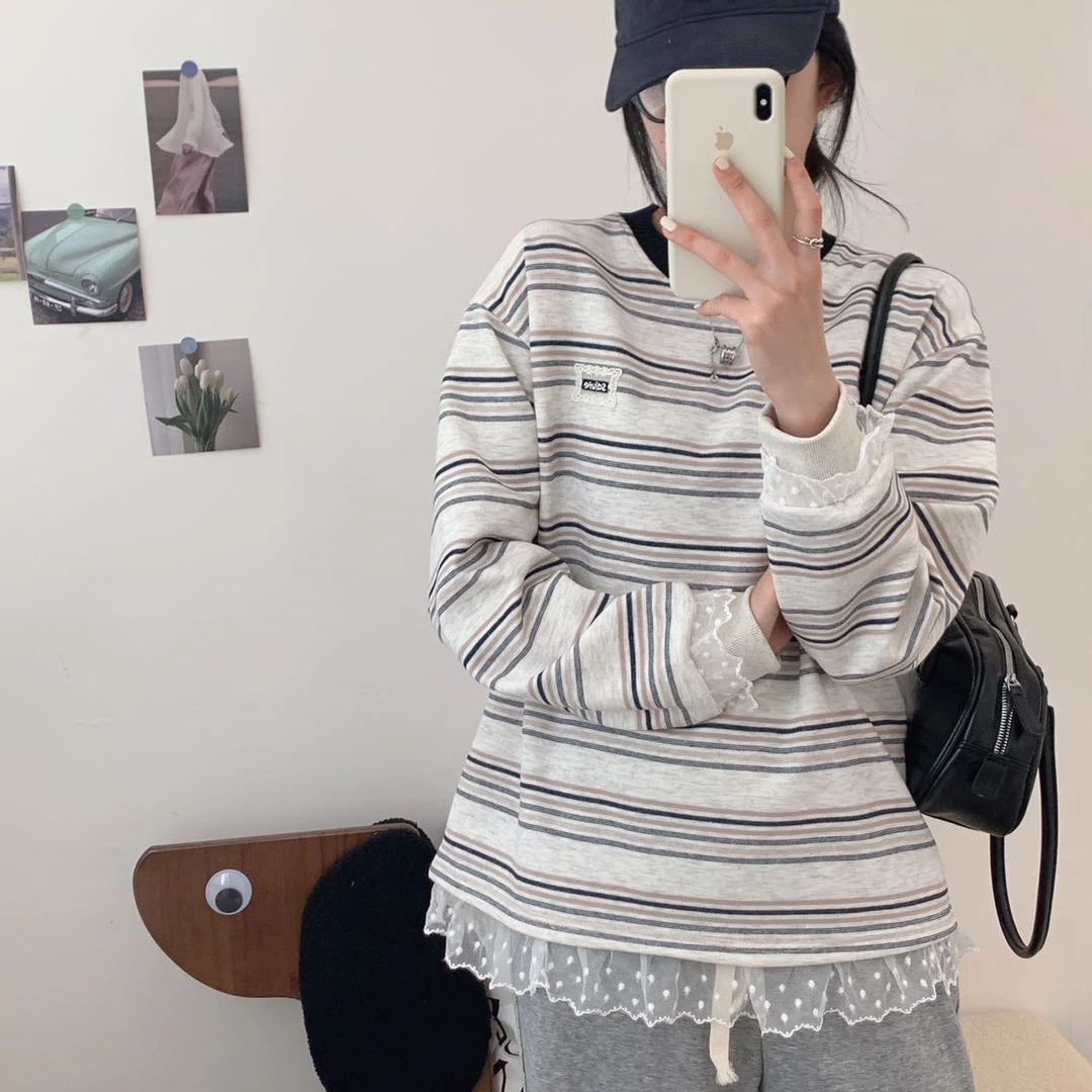 YD-[彩色条纹]25春季韩系宽松宽条纹女士上衣圆领卫衣女