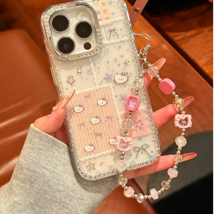 简约粉色条纹kitty猫镭射星星适用苹果16pro手机壳iphone15镶钻14