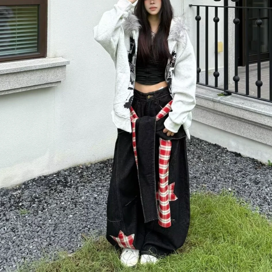 美式嘻哈条纹牛仔裤女辣妹街头宽松阔腿裤潮牌运动休闲长裤子