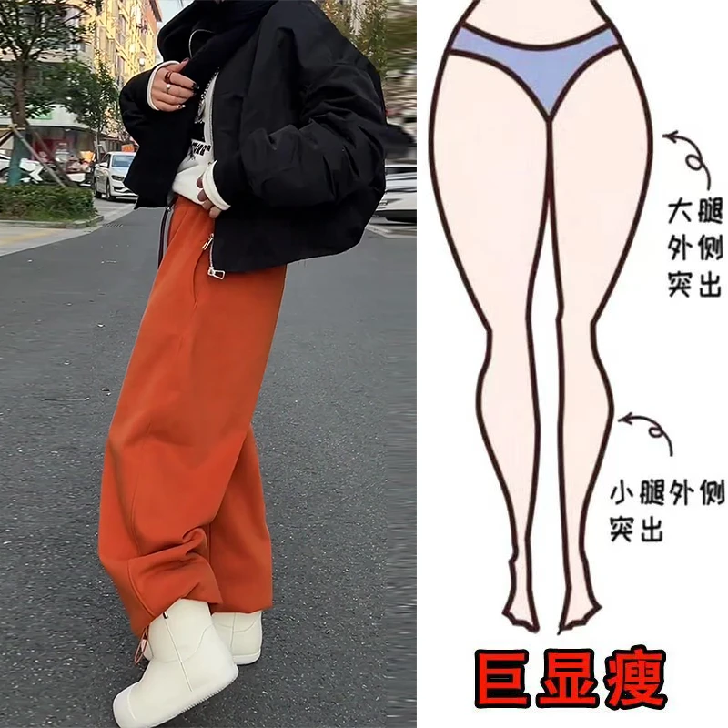 冬季新款时尚简约休闲个性加绒运动风遮肉显瘦高腰宽松直筒卫裤