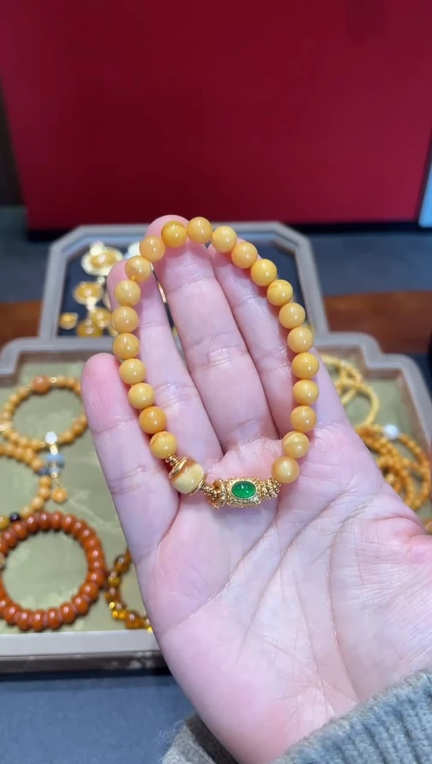 蜜蜡颈饰银S925镀金镶嵌手串