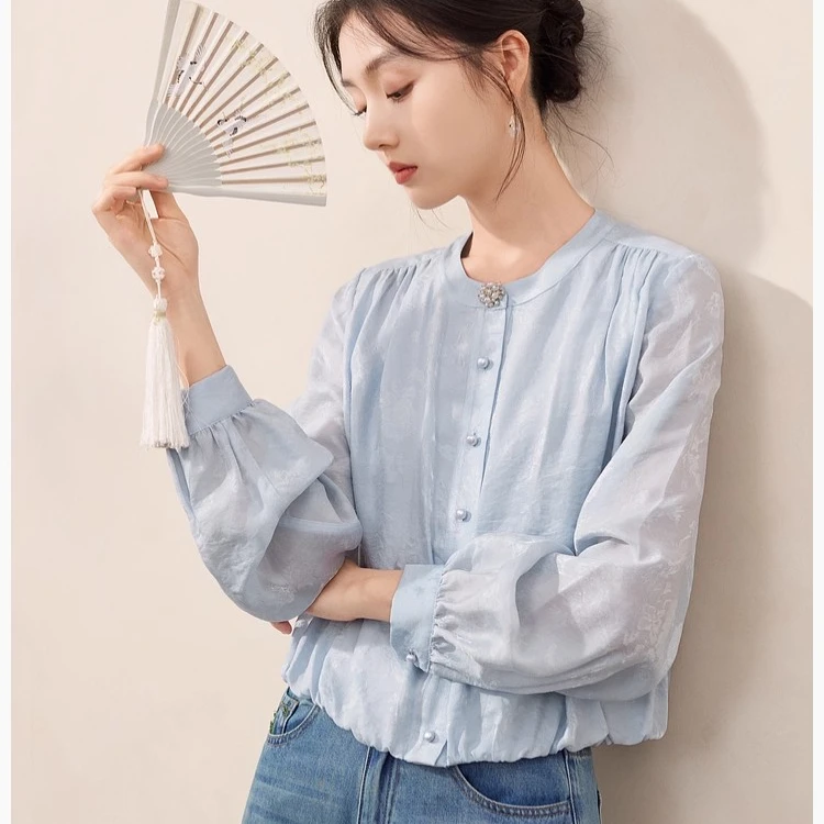 C85A112衬衫 香影糅合古今设计白色衬衫女秋季新款圆领中式上衣女