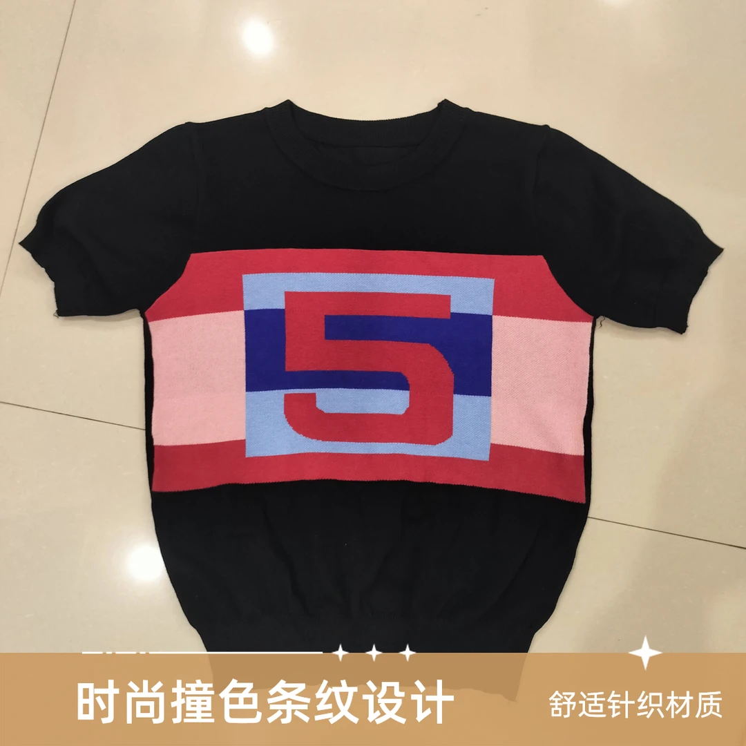 女装时尚潮流撞色圆领上衣印花时尚设计感针织短袖休闲百搭洋T恤