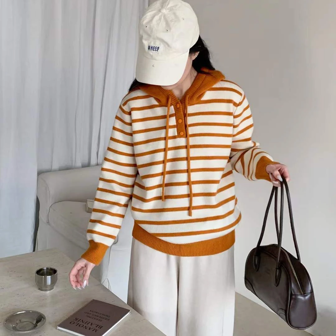 韩系套头休闲针织卫衣帽衫女士秋冬新款条纹复古洋气显瘦连帽毛衣
