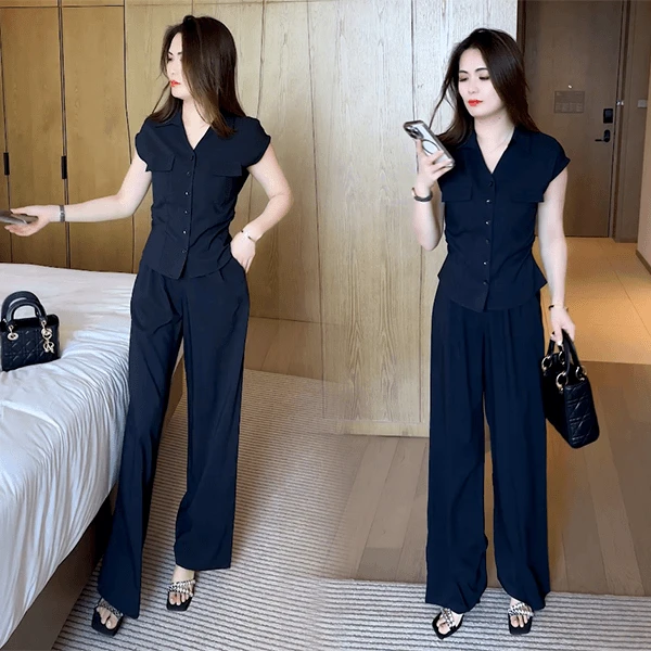 藏青色小香风时尚套装女2025夏季新款V领小衫阔腿裤气质两件套潮