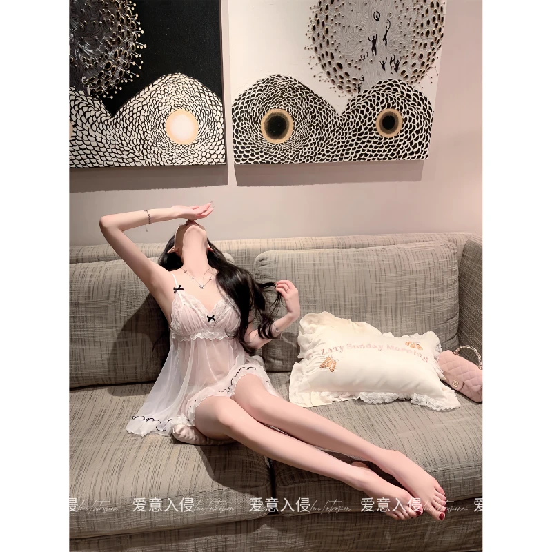 爱意入侵：云端白巧！性感甜美吊带睡裙纯欲风蕾丝薄款网纱睡衣