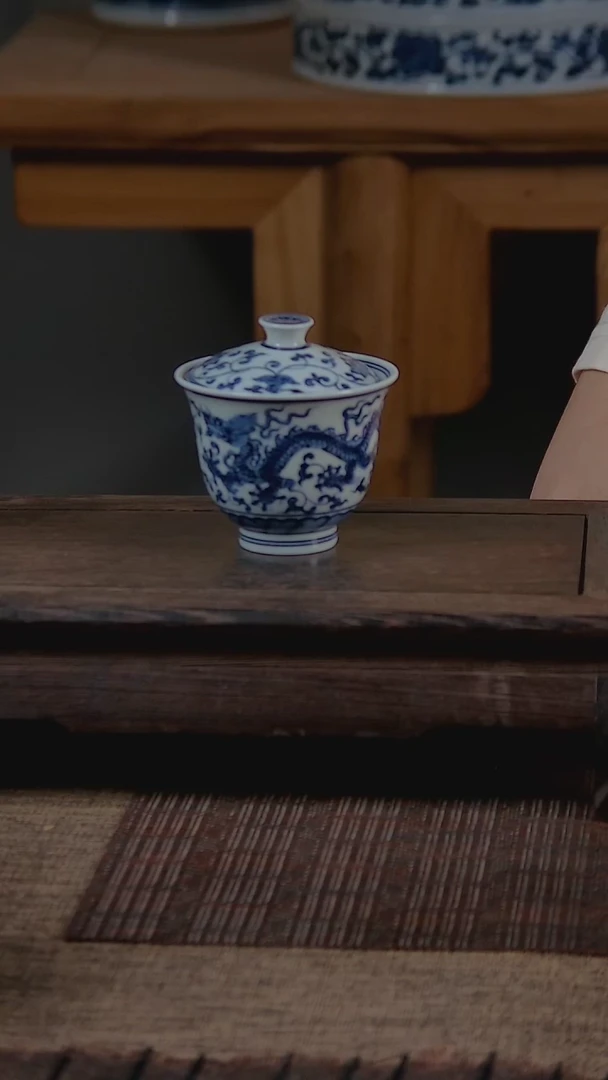 盖碗折葵非器手工手绘单龙缠枝两才盖碗