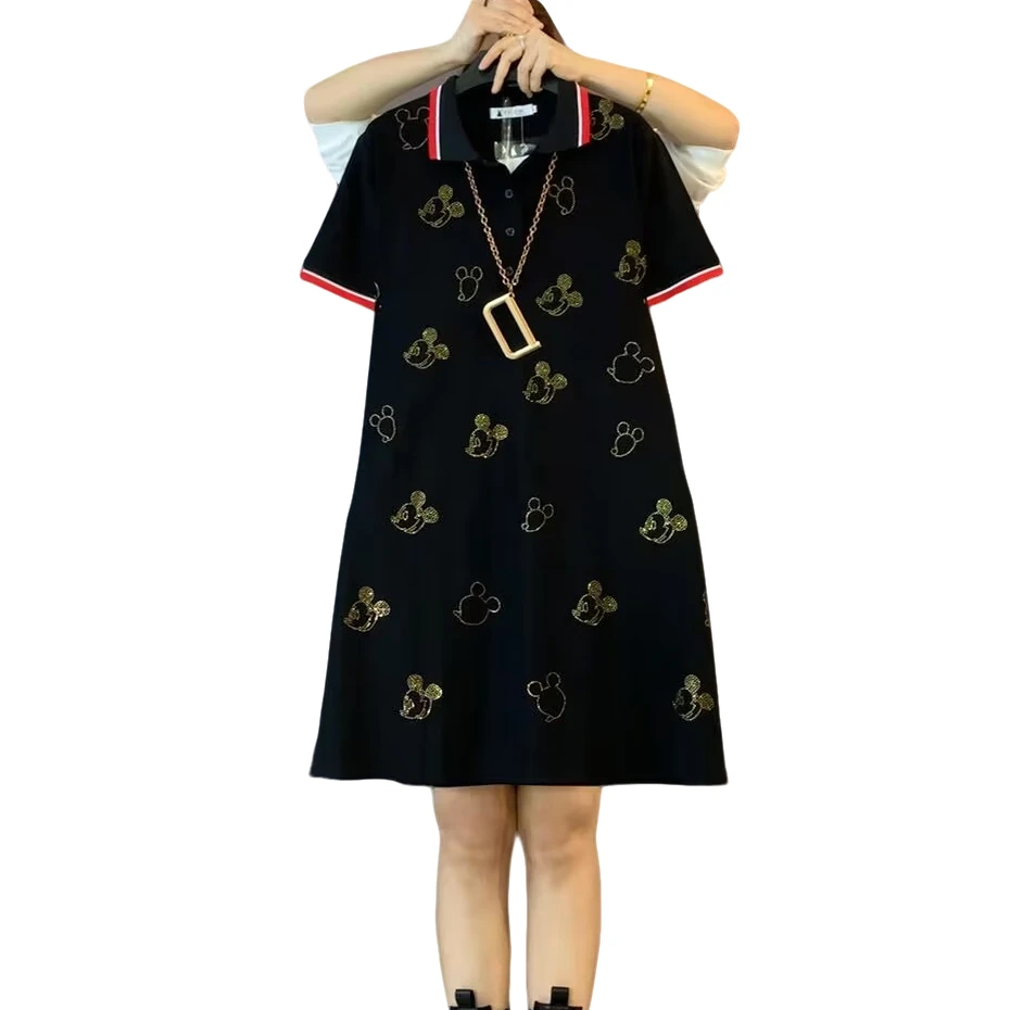 大维罗依YY新款大码百搭减龄卡通烫钻POLO裙