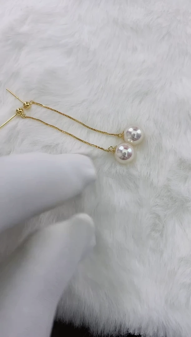 18K金镶嵌akoya耳线海水珍珠7-7.5mm